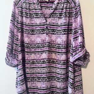 Faded Glory Women’s Blouse Plus Size 3X Purple Black White 3/4 Cuff Sleeve